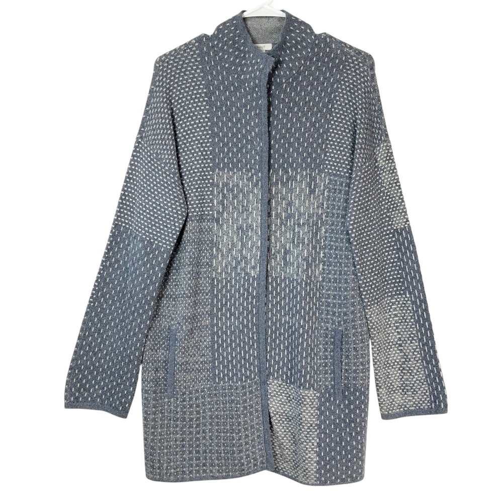 Pure Jill J. Jill Cardigan Sweater Snap Button Patchwork Blue White Mock Neck S
